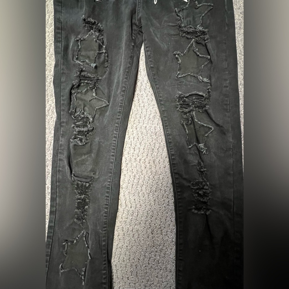 Black Rockstar Distressed Baggy Denim Men’s Jeans with Star Patches Size 40 - Picture 6 of 16